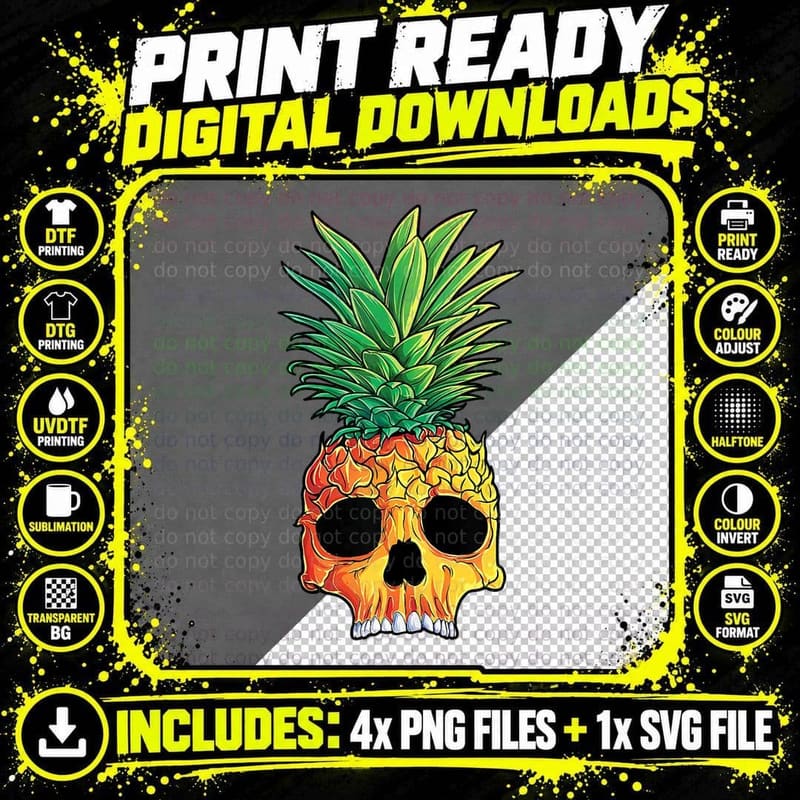 Pineapple Skull Funny Aloha Beaches Hawaiian Hawaii Goth Png SVG Digital Bundle