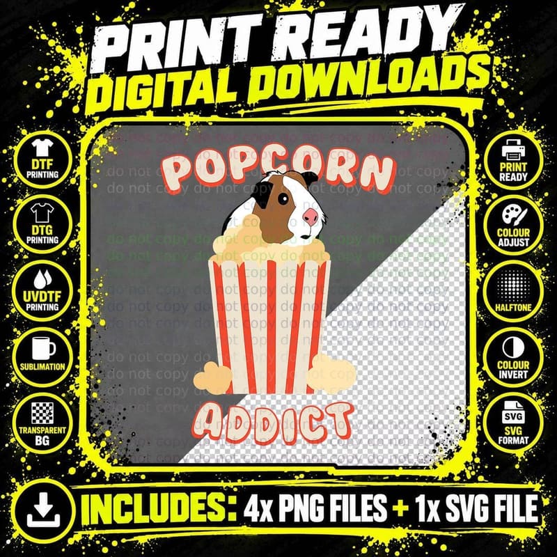 Popcorn Addict Guinea Pig Pet Owner Animal Lover Cavy Png SVG Digital Bundle