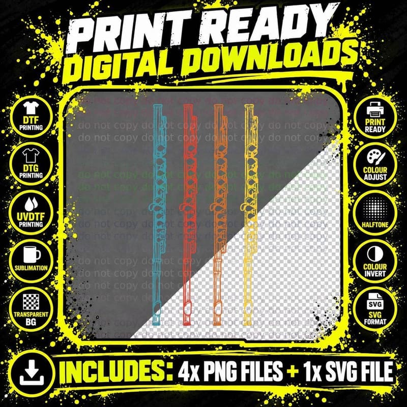 Retro Vintage Flute Funny Player Flutist Music Graphic Png SVG Digital Bundle