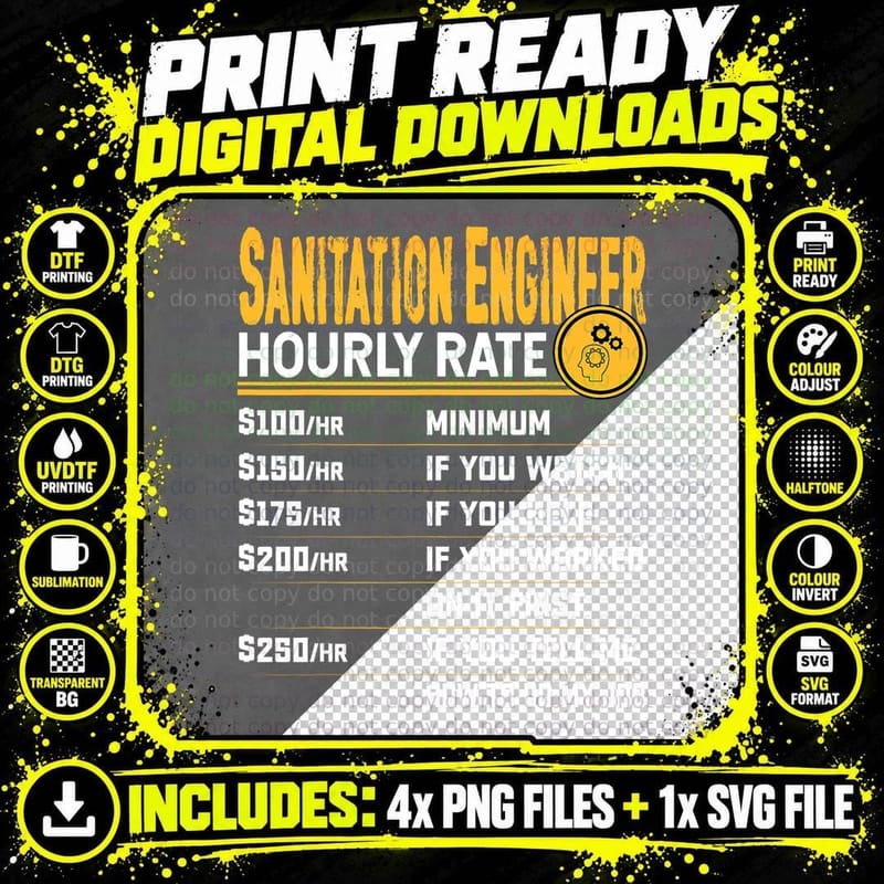 Sanitation Engineer Hourly Rate - Funny Waste Collector Png SVG Digital Bundle