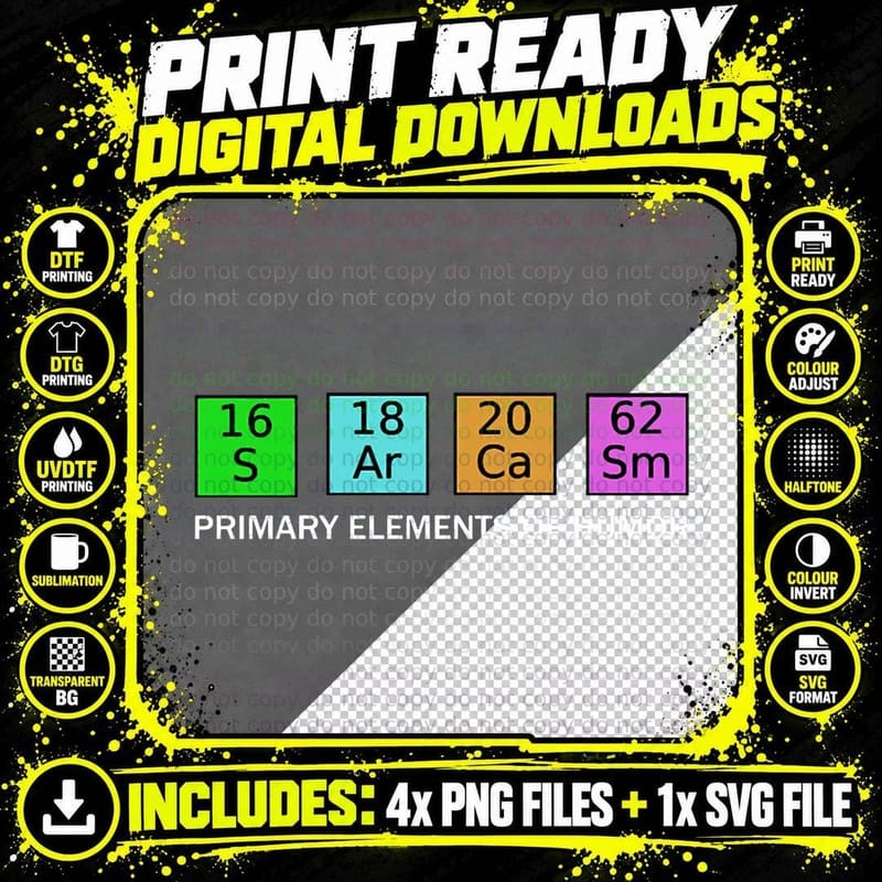 Sarcasm Primary Elements of Humor Periodic Table T-Shirt Png SVG Digital Bundle