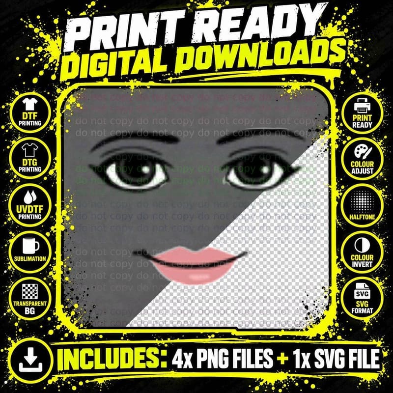 Roblox Default Female Face Smirking Smiling Meme T-Shirt Png SVG Digital Bundle
