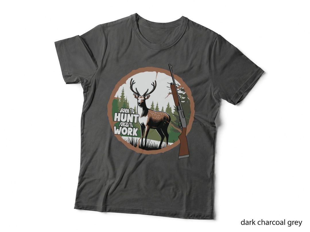 Born to Hunt Forced to Work Hunting T-Shirt, Deer Hunting in Snowy Forest