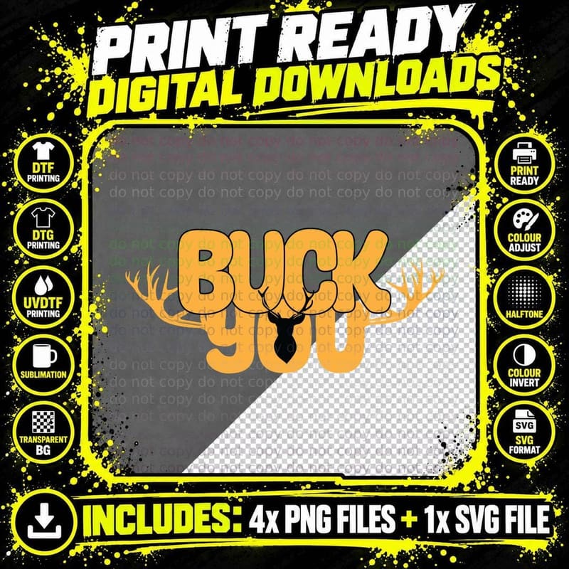 Buck You Hunting T-Shirt, Deer Antlers Bold Yellow Png SVG Digital Bundle
