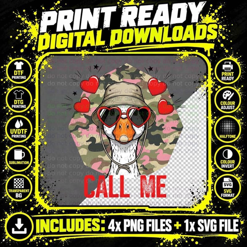 Call Me Hunting T-Shirt, Camo Duck with Heart Glasses Png SVG Digital Bundle