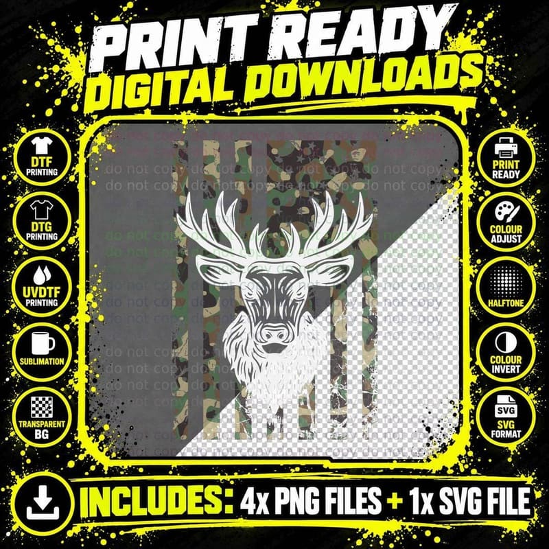 Camo Deer Head Silhouette Hunting T-Shirt Png SVG Digital Bundle