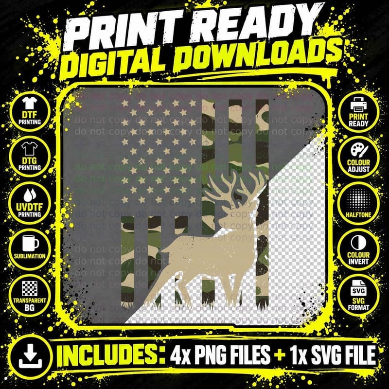 Camo Deer Silhouette with Stars Hunting T-Shirt Png SVG Digital Bundle