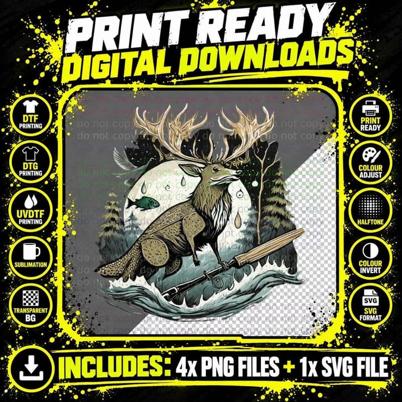 Deer Riding a Fish on a Wave Hunting T-Shirt Png SVG Digital Bundle