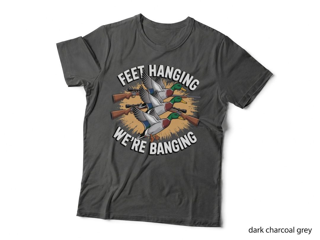 Feet Hanging We're Banging Hunting T-Shirt, Flying Ducks with Rifles Graphic