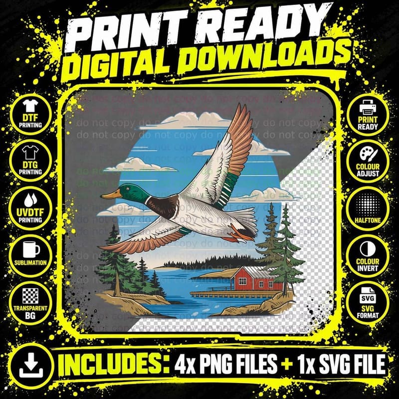 Flying Duck Over Lake with Cabin Hunting T-Shirt Png SVG Digital Bundle