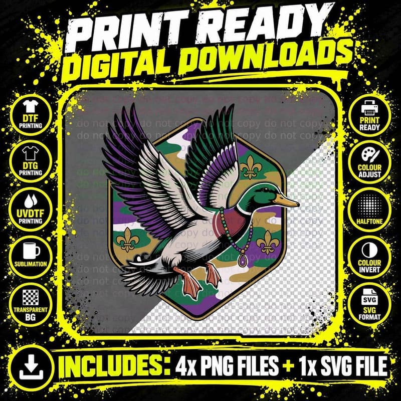 Flying Duck in Camouflage Hunting T-Shirt Png SVG Digital Bundle