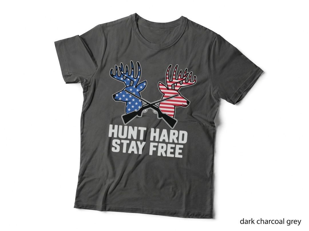 Hunt Hard Stay Free Hunting T-Shirt, Patriotic Deer Hunting Scene with Graphic