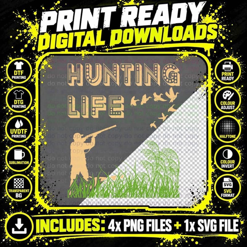 Hunting Life T-Shirt, Hunter Aiming at Ducks in Grass Png SVG Digital Bundle