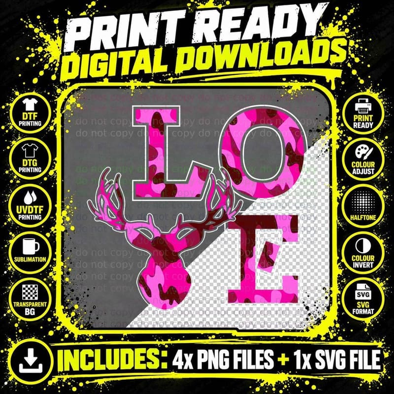 Hunting Love, Camo Print, Pink Camo Deer Head T-Shirt Png SVG Digital Bundle