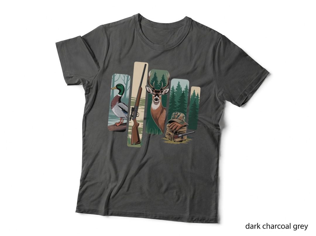 Hunting Scene with Duck Rifle Deer and Camo Hat Hunting T-Shirt