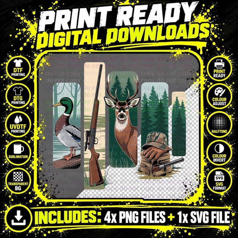 Hunting Scene with Duck Rifle Deer and Camo Hat Hunting Png SVG Digital Bundle