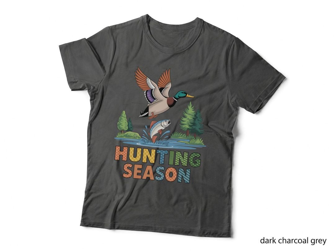 Hunting Season Hunting T-Shirt, Flying Duck Leaping Fish Forest Graphic Tee