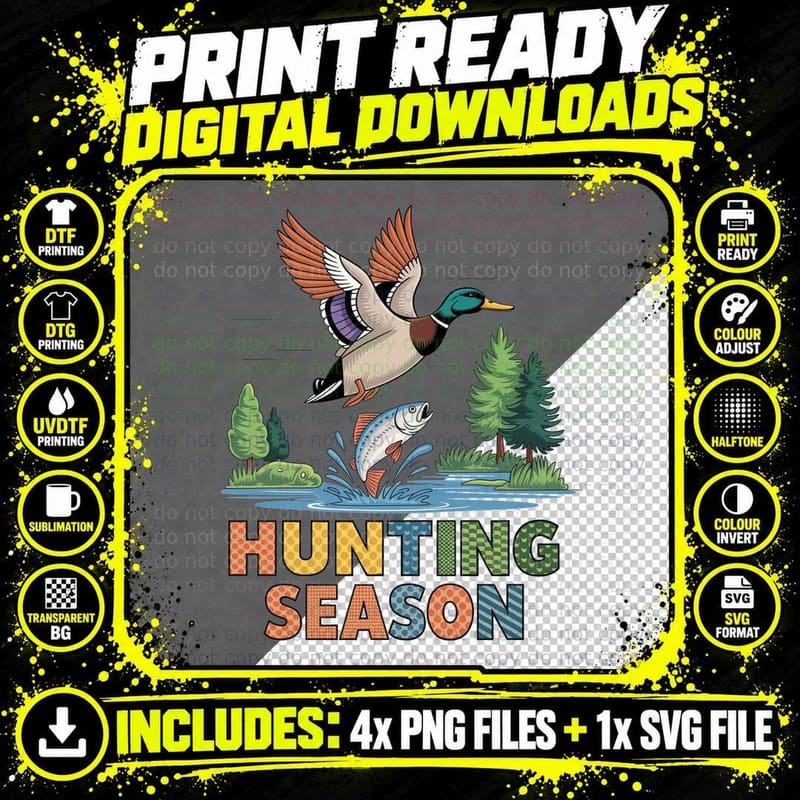 Hunting Season Hunting T-Shirt, Flying Duck Leaping Fish Png SVG Digital Bundle