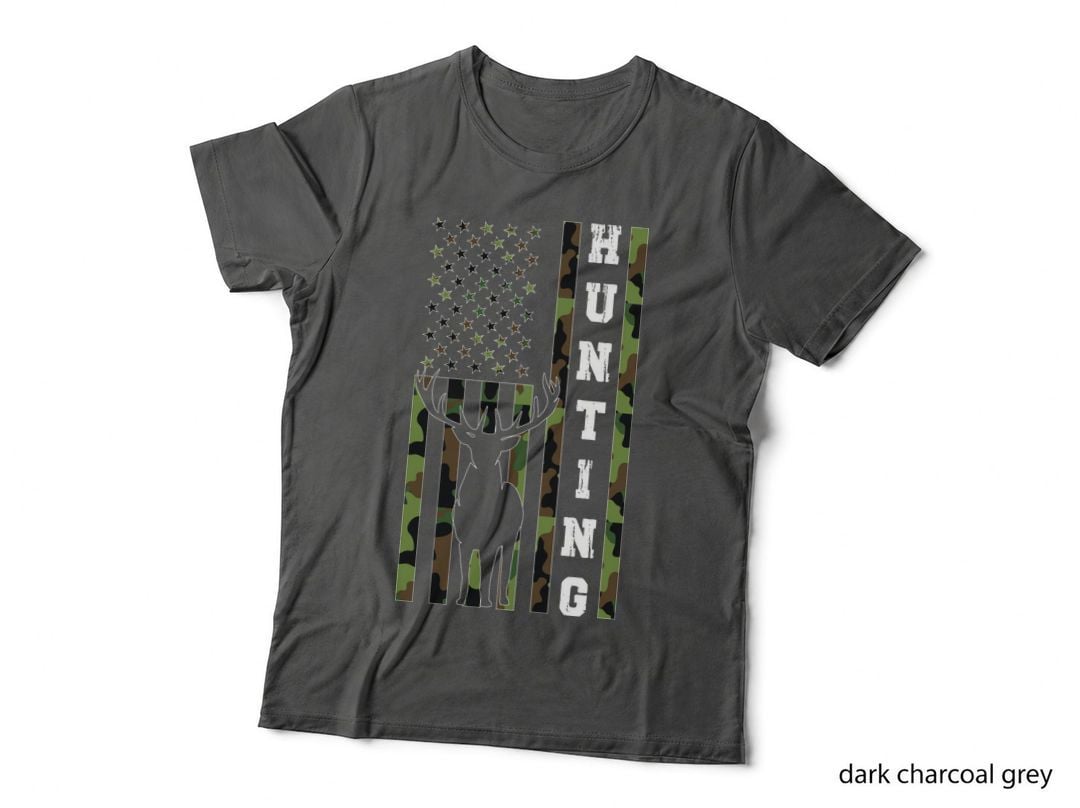 Hunting T-Shirt, Camo Flag with Deer Silhouette Graphic Tee, Novelty Gift Shirt