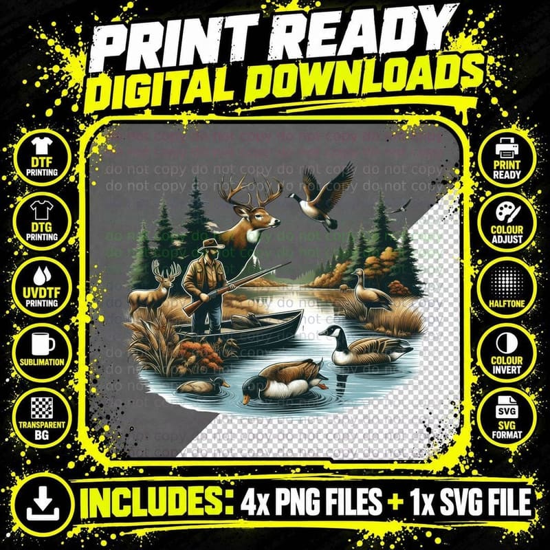 Hunting in a Serene Forest Lake with Deer Ducks Hunting Png SVG Digital Bundle