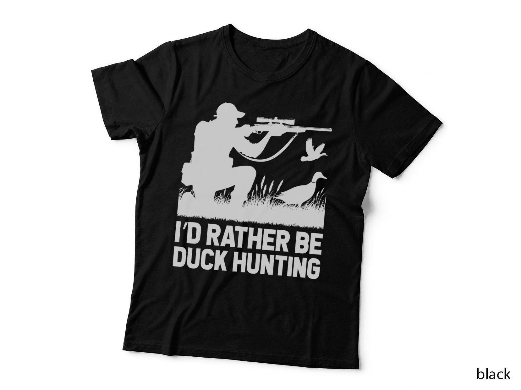 I'd Rather Be Duck Hunting T-Shirt, Duck Hunter Aiming with Rifle