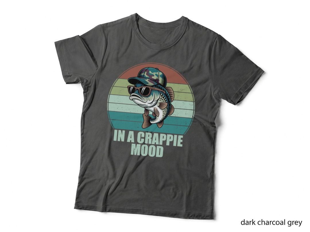 In a Crappie Mood Hunting T-Shirt, Cool Fish Wearing Sunglasses and Hat Graphic