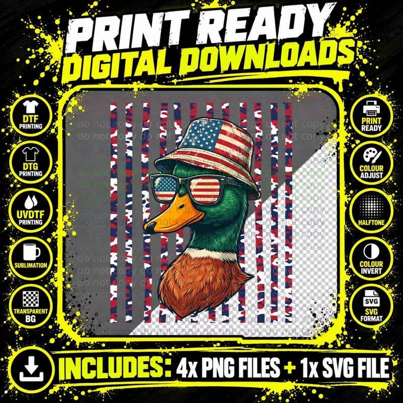 Patriotic Duck Wearing Sunglasses and Hat Hunting Png SVG Digital Bundle
