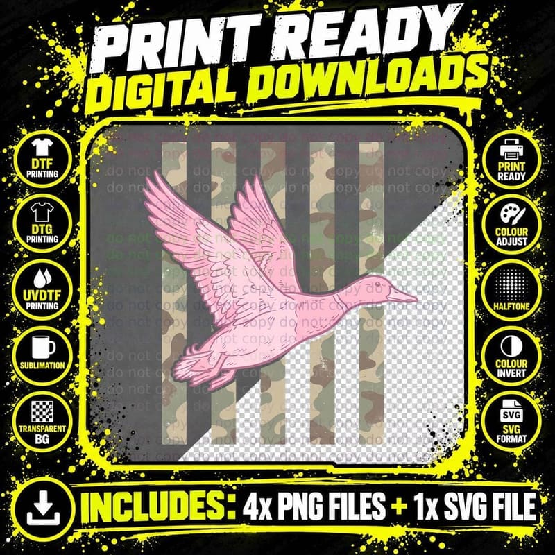 Pink Duck Flying Camouflage Stripes Hunting T-Shirt Png SVG Digital Bundle