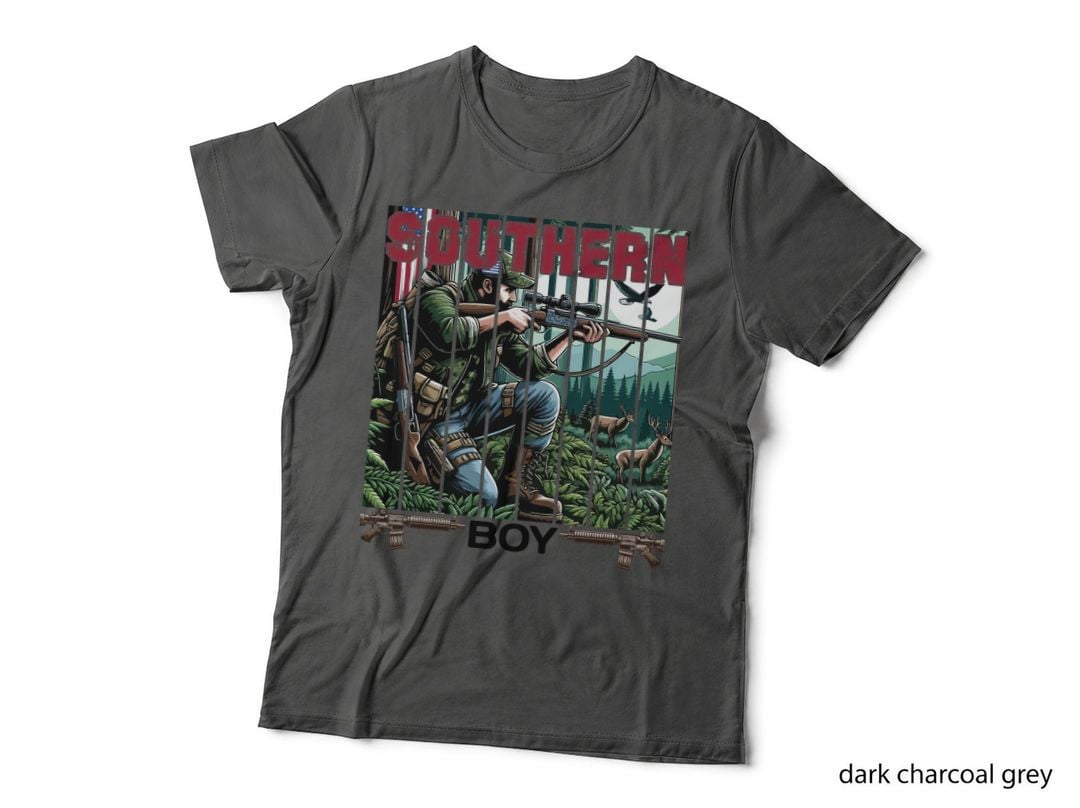 Southern Boy Hunting T-Shirt, Hunter in Forest with Rifles Graphic Tee
