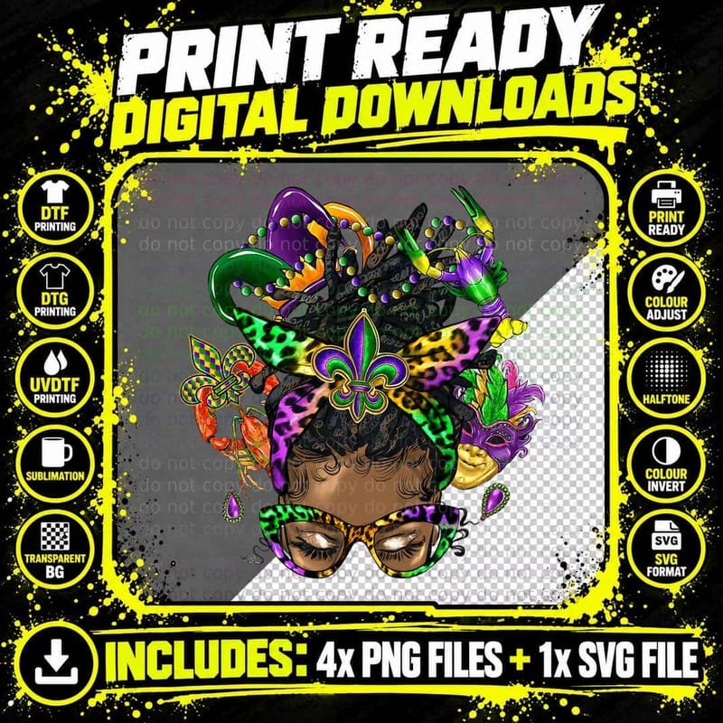Afro Messy Bun Happy Mardi Gras Black Women Carnival Png SVG Digital Bundle