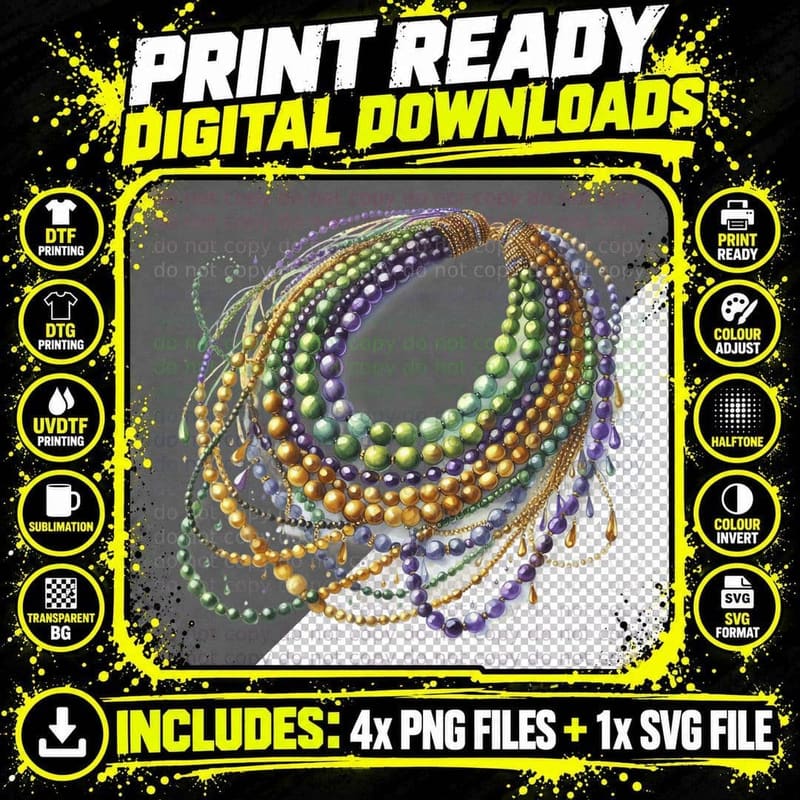 Beaded Necklace with Green Gold Purple Beads Mardi Gras Png SVG Digital Bundle