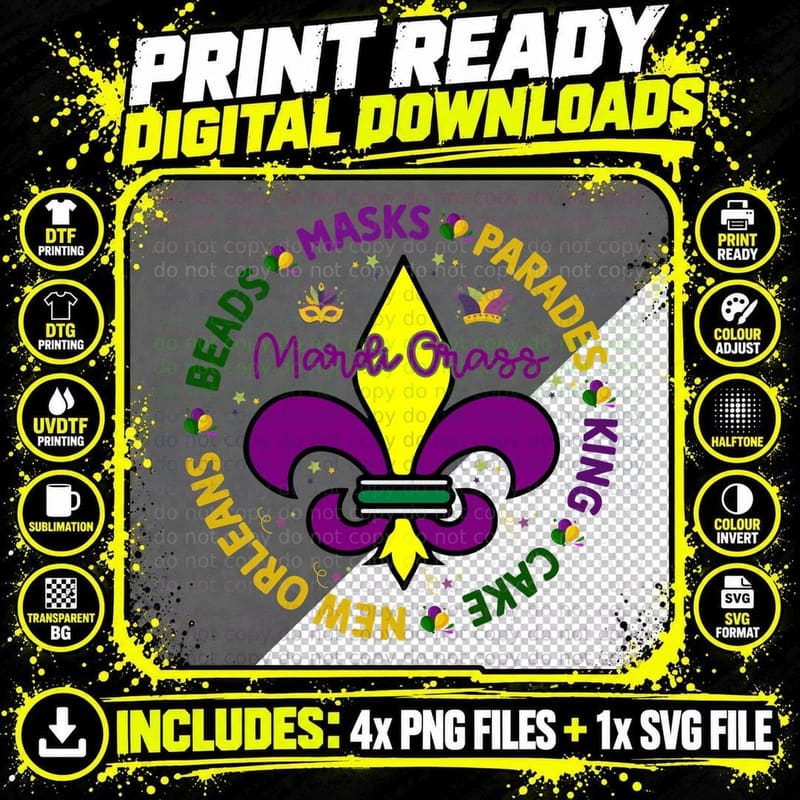 Beads Masks Parades King Cake New Orleans Mardi Gras Png SVG Digital Bundle
