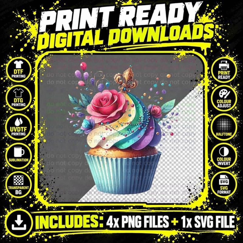 Colorful Cupcake with Rainbow Frosting Mardi Gras T-Shirt Png SVG Digital Bundle
