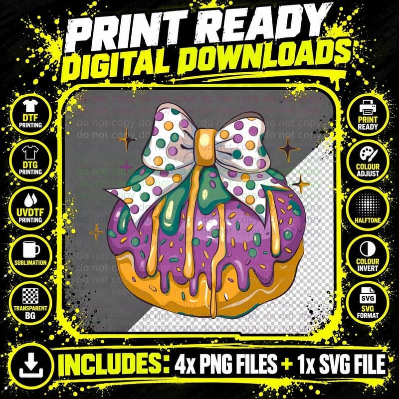 Colorful Donut with Bow Mardi Gras T-Shirt Png SVG Digital Bundle