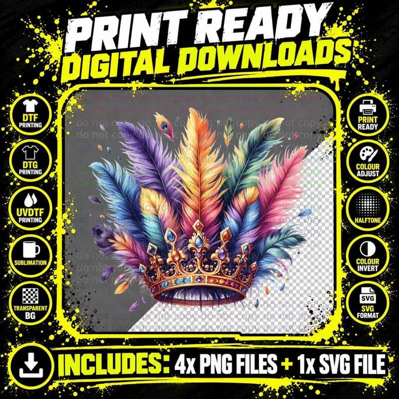 Colorful Feather Crown Mardi Gras T-Shirt Png SVG Digital Bundle