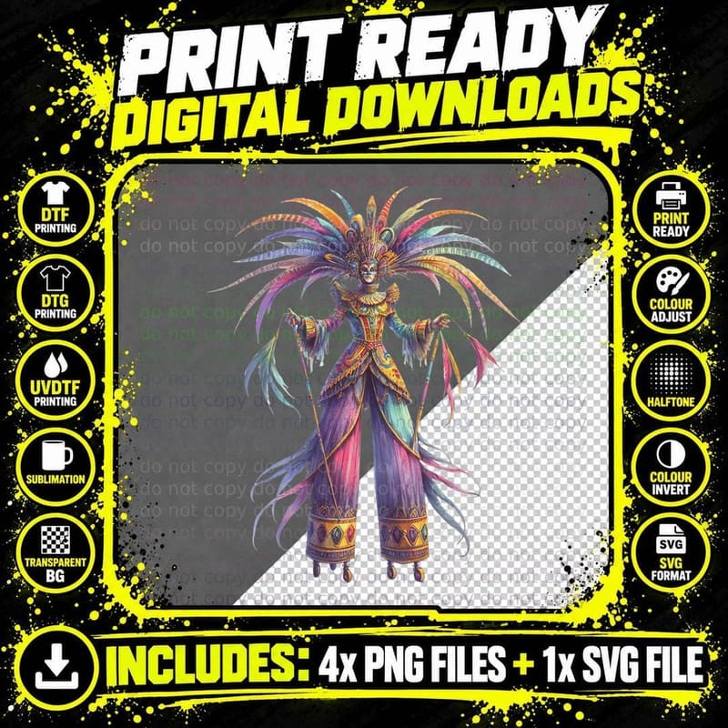 Colorful Feathered Costume Mardi Gras T-Shirt Png SVG Digital Bundle