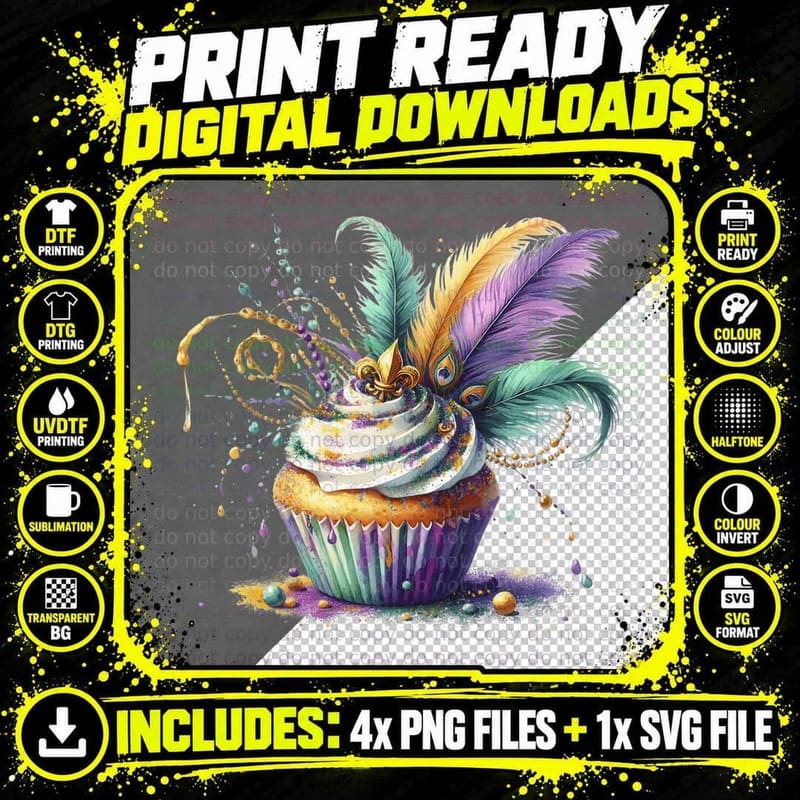 Colorful Feathered Cupcake Splatter Mardi Gras T-Shirt Png SVG Digital Bundle
