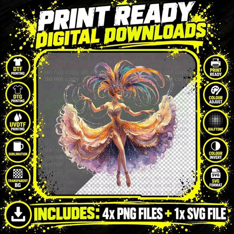 Colorful Feathered Dancer Mardi Gras T-Shirt Png SVG Digital Bundle