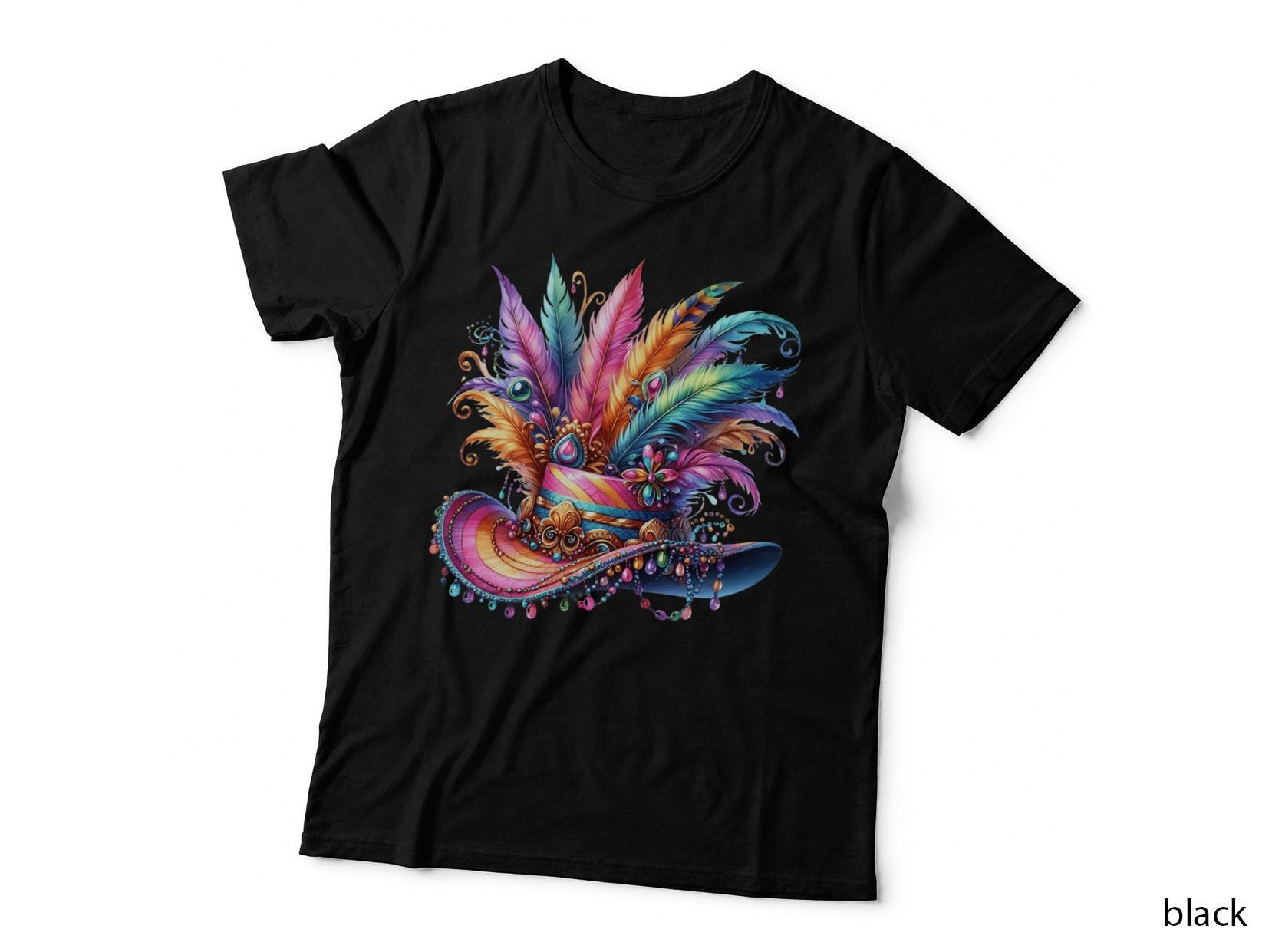 Colorful Feathered Hat with Beads Mardi Gras T-Shirt, Mardi Gras Graphic Tee