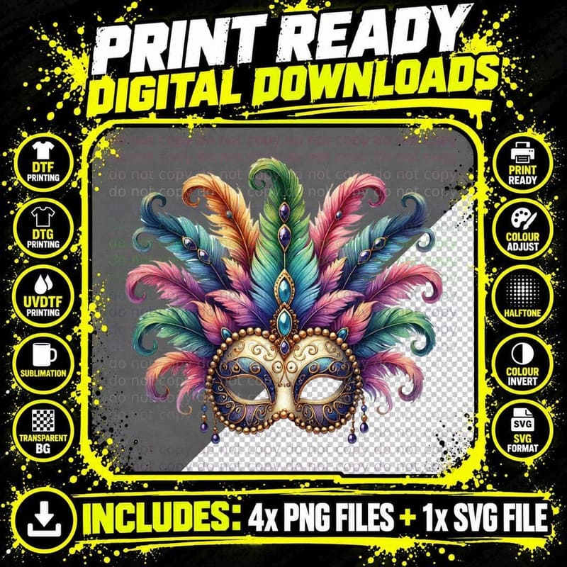 Colorful Feathered Mask Mardi Gras T-Shirt Png SVG Digital Bundle