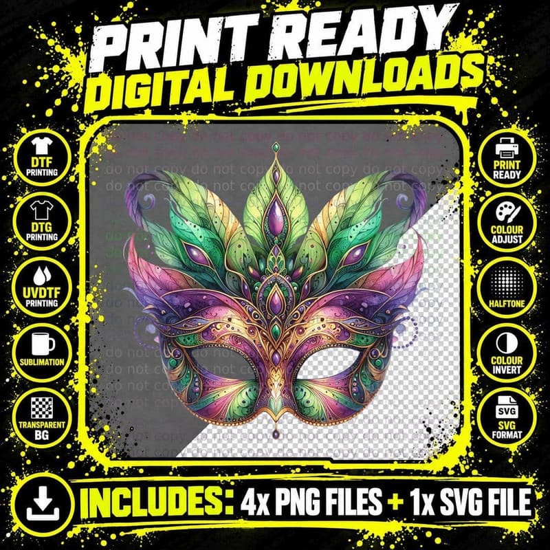 Colorful Feathered Masquerade Mask Mardi Gras T-Shirt Png SVG Digital Bundle