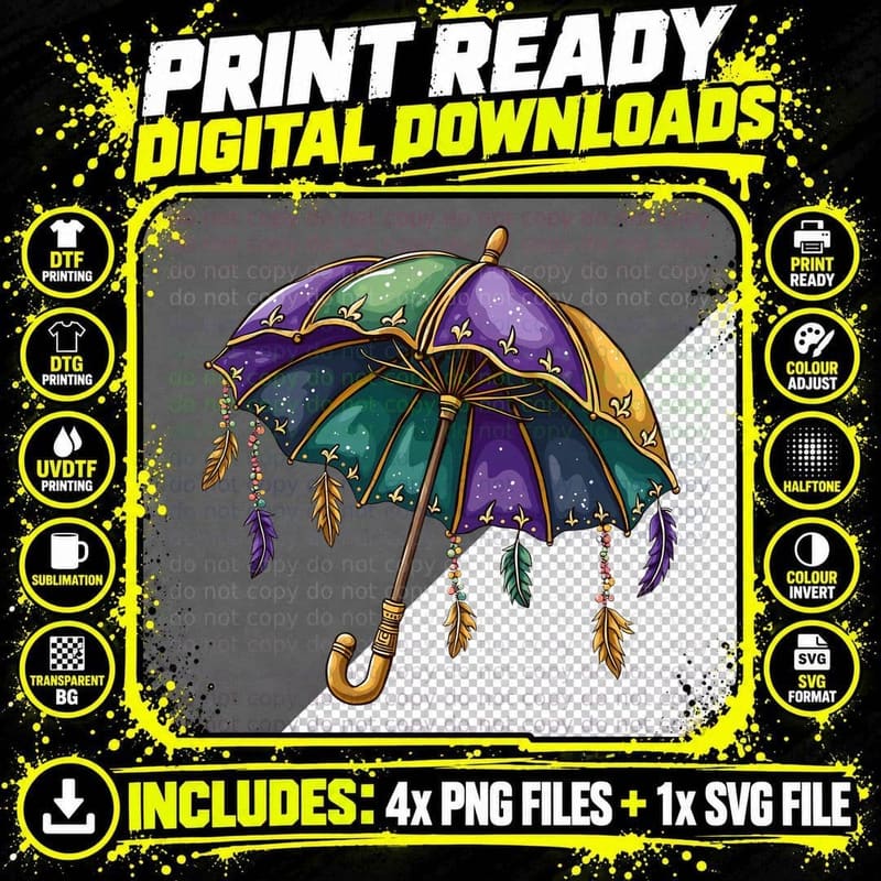 Colorful Feathered Umbrella Design Mardi Gras T-Shirt Png SVG Digital Bundle