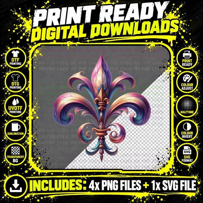 Colorful Fleur-De-Lis Ornament Mardi Gras Design T-Shirt Png SVG Digital Bundle