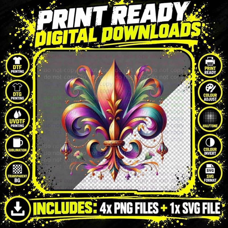 Colorful Fleur-De-Lis Ornament Mardi Gras T-Shirt Png SVG Digital Bundle