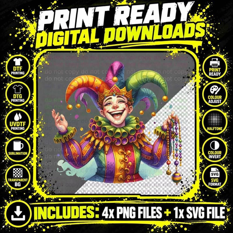 Colorful Jester with Beads Mardi Gras T-Shirt Png SVG Digital Bundle
