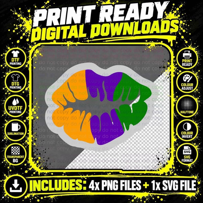 Colorful Lips with Orange Purple Green Mardi Gras T-Shirt Png SVG Digital Bundle
