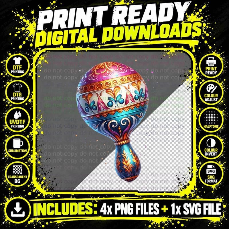 Colorful Maraca with Intricate Patterns Mardi Gras Png SVG Digital Bundle
