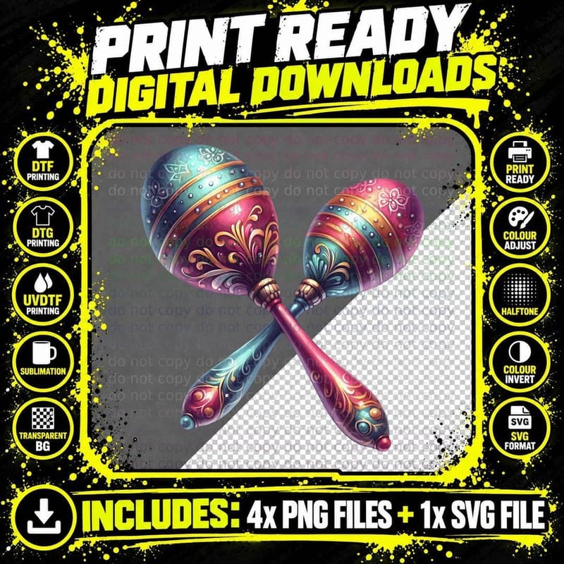 Colorful Maracas with Intricate Designs Mardi Gras Png SVG Digital Bundle