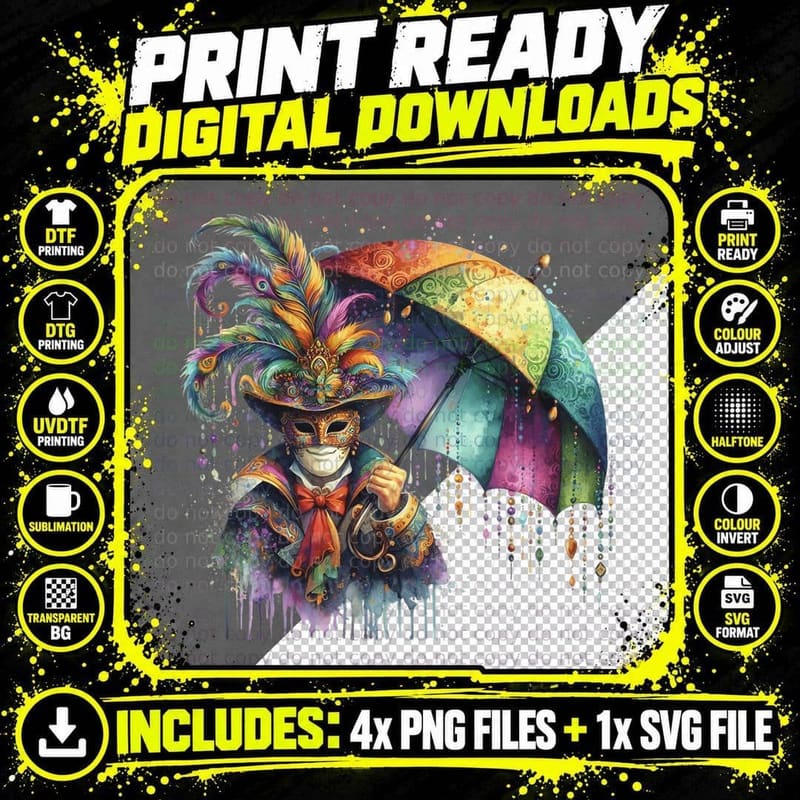 Colorful Masquerade with Umbrella Mardi Gras T-Shirt Png SVG Digital Bundle