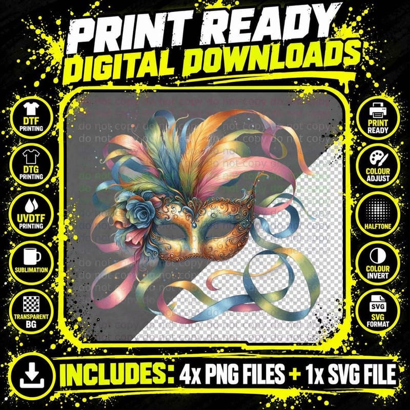 Colorful Venetian Mask with Ribbons Mardi Gras T-Shirt Png SVG Digital Bundle